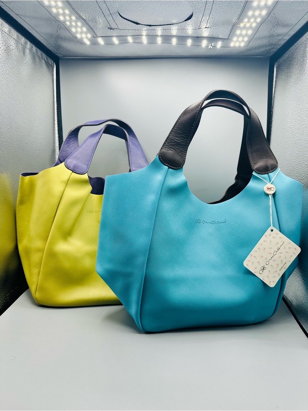 Cruciani Turquoise Tote with Dark Brown Handles